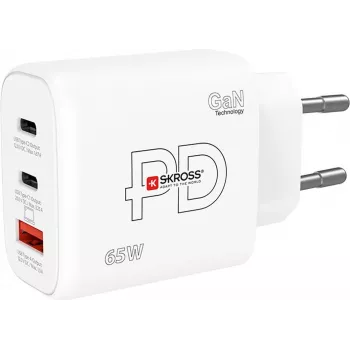 Strāvas lādētājs SKROSS Power Charger 65W PD GaN EU USB‑C 2x — 65 W USB‑C GaN lādētājs ar diviem USB‑C portiem, ES spraudnis