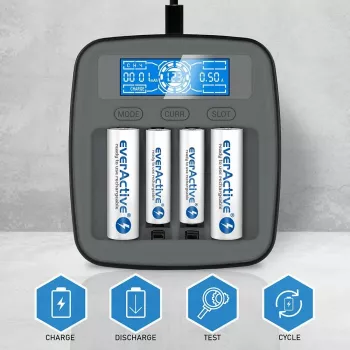 Bateriju lādētājs everActive NC1000MV2 — Ni‑MH 4 slotu USB‑C lādētājs, 4 elementi, 5 V, melns, 110×99×38 mm