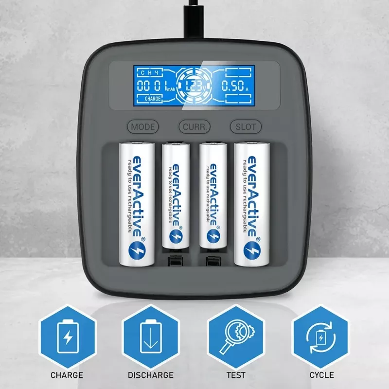 Bateriju lādētājs everActive NC1000MV2 — Ni‑MH 4 slotu USB‑C lādētājs, 4 elementi, 5 V, melns, 110×99×38 mm