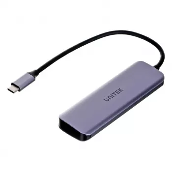 USB centrmezgls Unitek P5+ — 5 porti (4 × USB 3.2 Gen 2 Type-A), USB 3.2 Gen 1 resursdators, 5 Gbit/s, 10 W PD, alumīnijs, pelēks