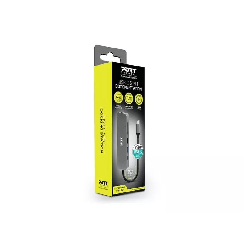Saskarnes centrmezgls Port Designs 900162 USB Type-C — USB Type-C izeja, 3840x2160@60Hz, 20V/5A ieeja, 117×34×13 mm, sudraba
