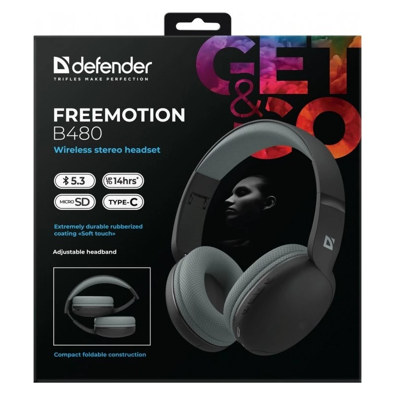 Bezvadu austiņas DEFENDER Freemotion B480 — apkārtauss, slēgtas, Bluetooth, 20–20000 Hz, 99 dB, USB-C, AUX