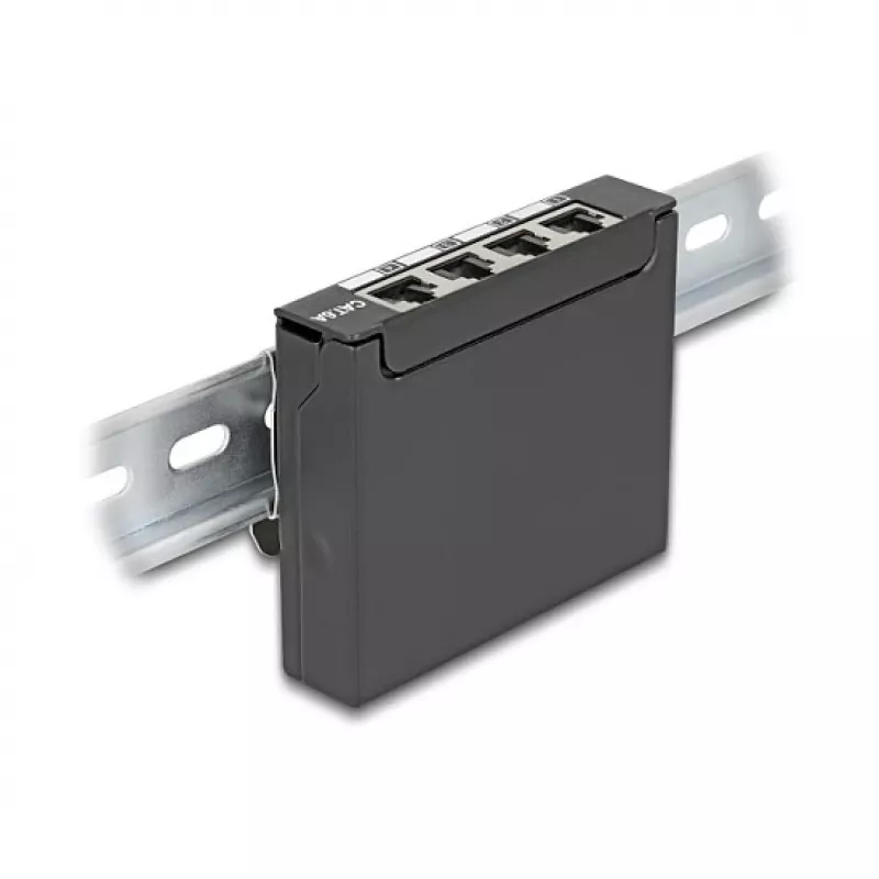 Patch panel DELOCK Mini Desktop RJ45 4-portu Cat.6A ekranēts melns, metāla, 90×22×93 mm