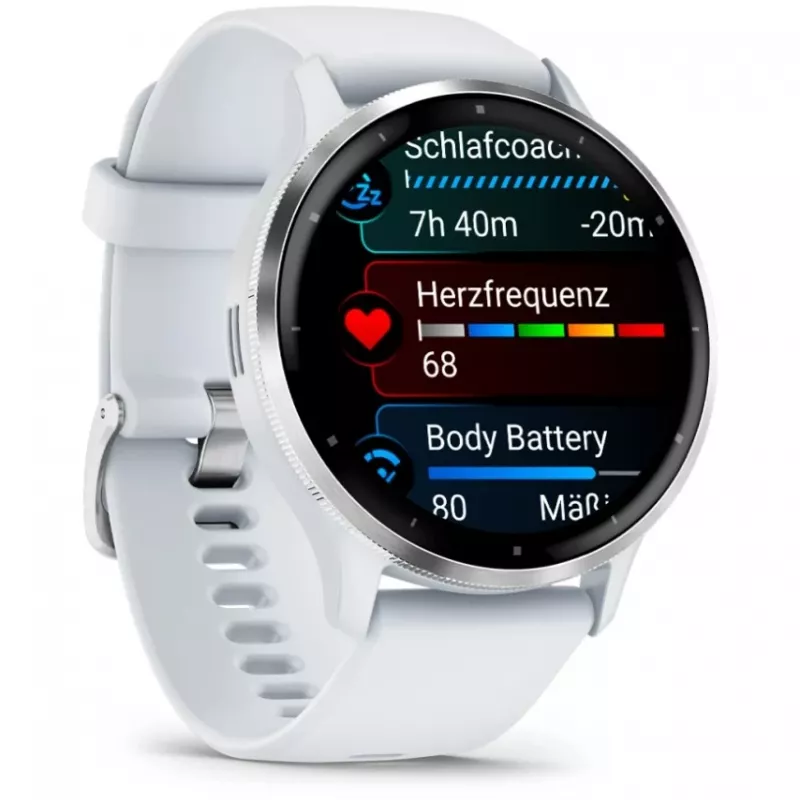 Viedpulkstenis GARMIN Venu 3 — 1,4 collu AMOLED, 45 mm korpuss, GPS, Wi‑Fi, 8 GB, Sudraba/Balts, silikona siksna