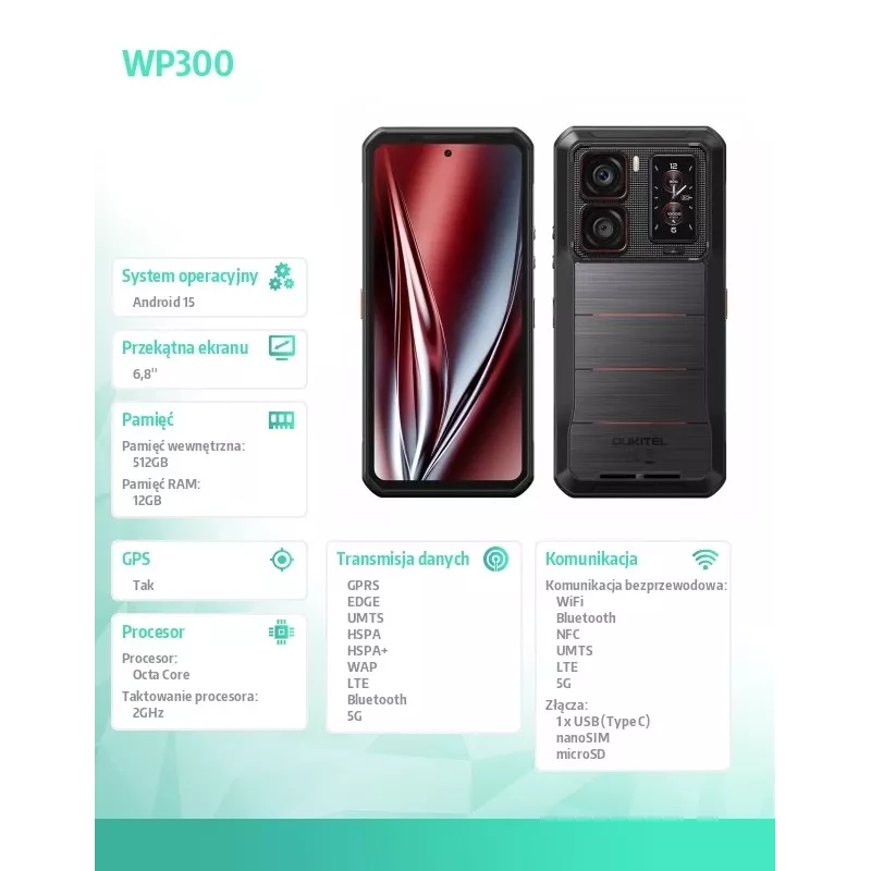 Smartphone Oukitel WP300 6.3 collas 12GB RAM 512GB Melns