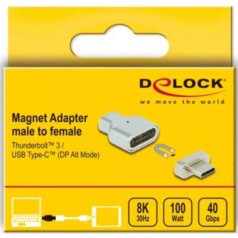 DeLOCK - Thunderbolt / USB-C adapteris - USB-C (V) magnētisks uz USB-C (S) - USB 3.2 Gen 2 / Thunderbolt 3 4,5 A - 8K atbalsts - Sudraba (66433)