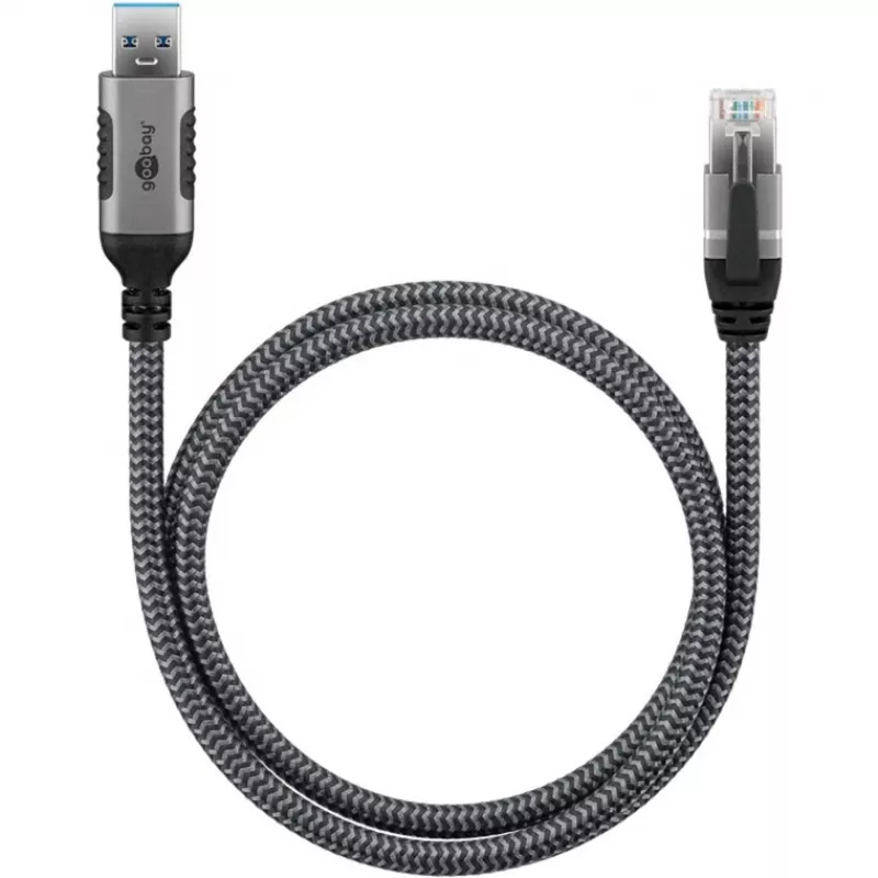 Ethernet kabelis USB-A 3.2 Gen1 spraudnis > RJ-45 spraudnis, LAN adapteris melns/sudraba, 10 m, pīts tekstila apvalks