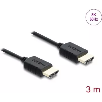HDMI kabelis DELOCK 81683 — 3 m, HDMI Type A vīriešu–vīriešu, 48 Gbit/s, līdz 7680×4320, zeltīti kontakti, melns