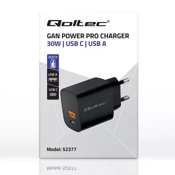 Strāvas adapteris QOLTEC 52377 GaN 30W izeja 5–20V pārnēsājamām ierīcēm