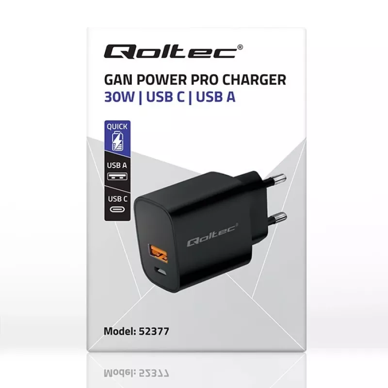 Strāvas adapteris QOLTEC 52377 GaN 30W izeja 5–20V pārnēsājamām ierīcēm