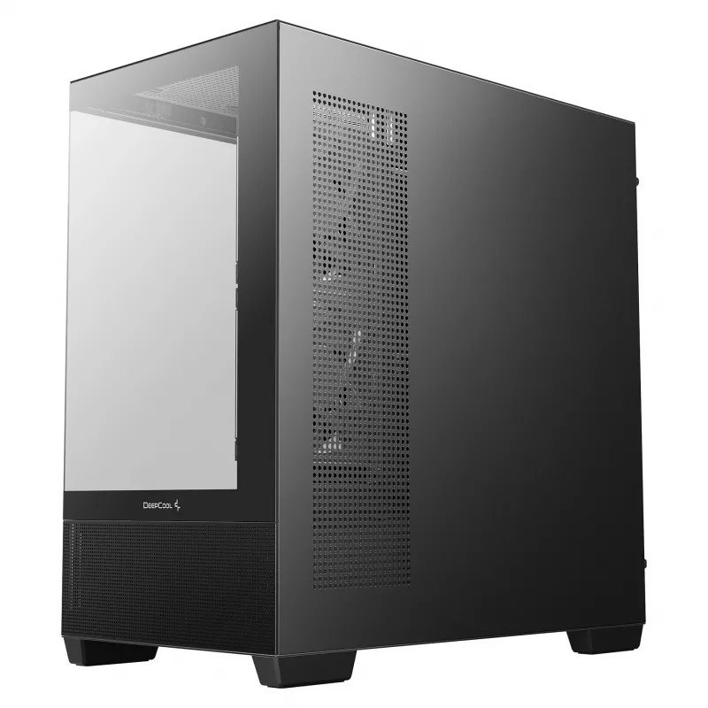 PC Midi Tower DeepCool CG380 3F — Melna, 235×437×451 mm, 2x120 mm sānu + 1x120 mm aizmugurējie ventilatori, apakšējais barošanas bloks, 2,5 collu/3,5 collu HDD