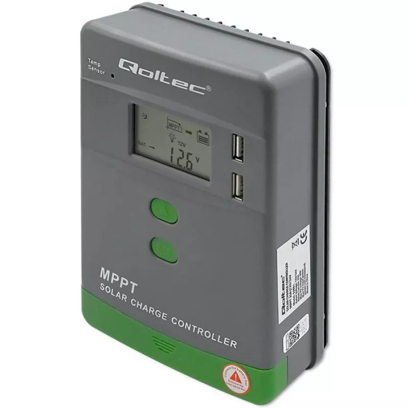 Qoltec, saules MPPT lādēšanas kontrolieris ar temperatūras sensoru 20A 12V/24V Displejs LCD 2 X USB