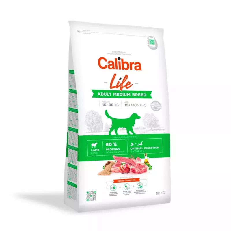 Sausā suņu barība Calibra Life Adult Medium Breed Lamb 12 kg — pilnvērtīgs uzturs vidēja izmēra pieaugušiem suņiem, 27% olbaltumvielu, 16% tauku, bez lipekļa
