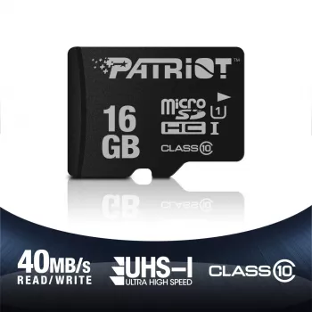 MicroSDHC atmiņas karte PATRIOT PSF16GMDC10 — 16 GB, 10. klase, UHS-I (U1), 80 MB/s, melna