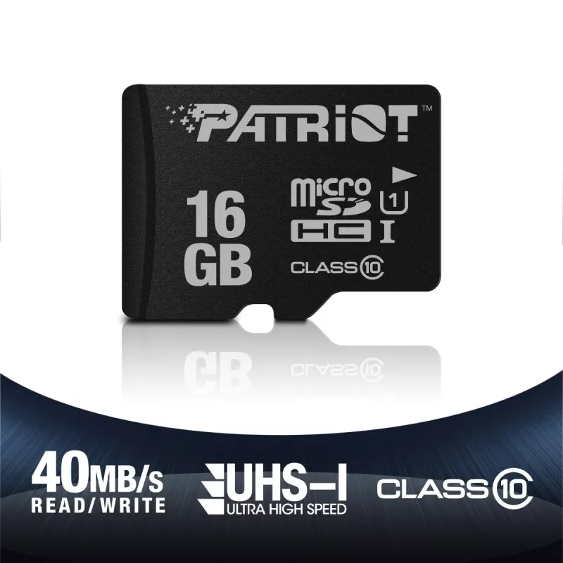 MicroSDHC atmiņas karte PATRIOT PSF16GMDC10 — 16 GB, 10. klase, UHS-I (U1), 80 MB/s, melna