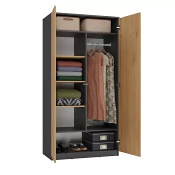 Top e shop SD-90 ANT/ART KPL garderobe — 2 durvju guļamistabas skapis, 7 plaukti, 900×500×1800 mm