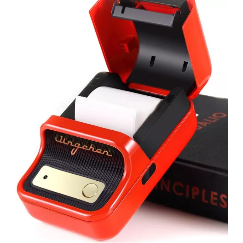 Etiķešu printeris NIIMBOT B21S sarkans — kompakts termiskais Bluetooth printeris, drukas platums 50 mm, 60 mm/s, 1200 mAh baterija