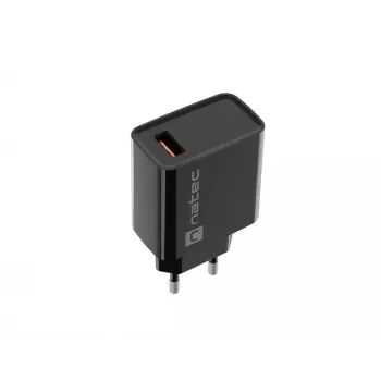NATEC maiņstrāvas ātrās uzlādes iekštelpu vadu lādētājs Ribera — 18W (5–15V, līdz 3A), 1× USB-A, Huawei FCP/SCP, melns