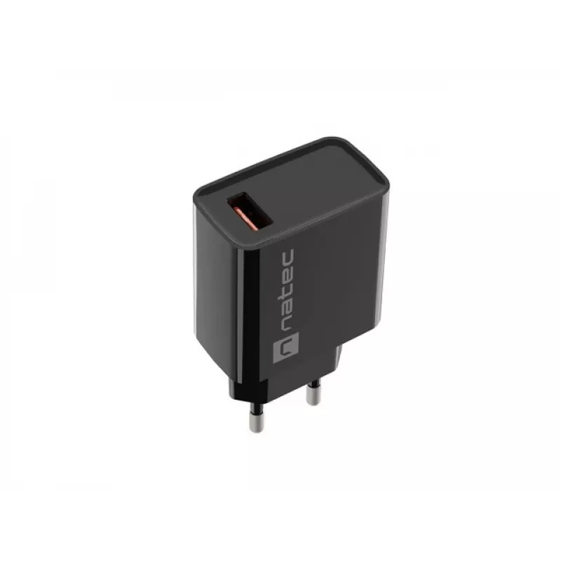NATEC maiņstrāvas ātrās uzlādes iekštelpu vadu lādētājs Ribera — 18W (5–15V, līdz 3A), 1× USB-A, Huawei FCP/SCP, melns