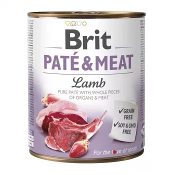 Mitrā suņu barība Brit Paté & Meat ar jēru 800 g – pilnvērtīga konservēta maltīte pieaugušiem suņiem, 11% olbaltumvielu, 9% tauku, 75% mitruma