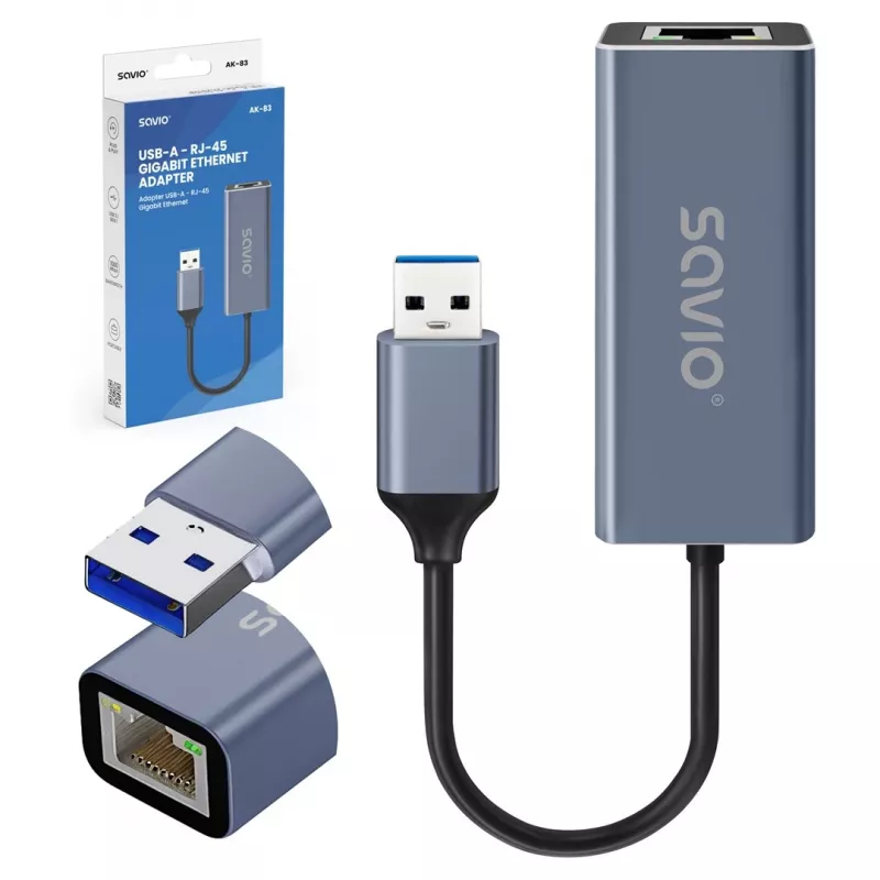 Tīkla saskarnes adapteris SAVIO AK-83 USB Type-A uz RJ-45 vīr., 5 Gbit/s, melns