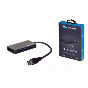 USB centrmezgls NATEC Moth 4 pieslēgvietu USB 3.2 Gen 1 Type-A (5000 Mbit/s), ar USB barošanu, melns, 0,15 m kabelis