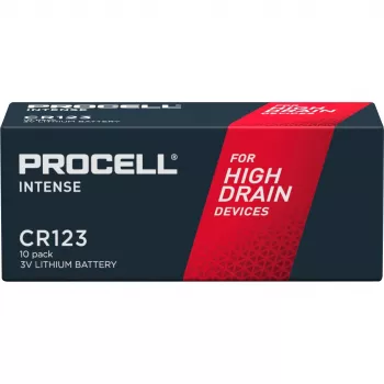 Litija baterija Duracell CR123A 3V — viena šūna, 3V nominālais spriegums
