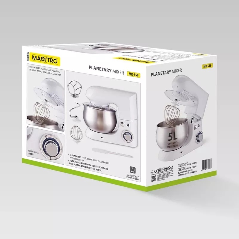 Planetārais mikseris Maestro MR-559 stacionārais mikseris, 5,0 L nerūsējošā tērauda bļoda, 2000 W, 6 ātrumi, rotējoša vadība