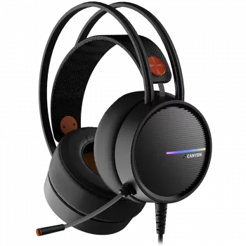 CANYON INTERCEPTOR GH-8A, Gaming austiņas ar 3,5 mm ligzdu un USB savienotāju LED fona apgaismojumam, regulējamu mikrofonu un skaļuma kontroli, ar 2in1 3,5 mm adapteri, kabelis 2 m, melnas un oranžas