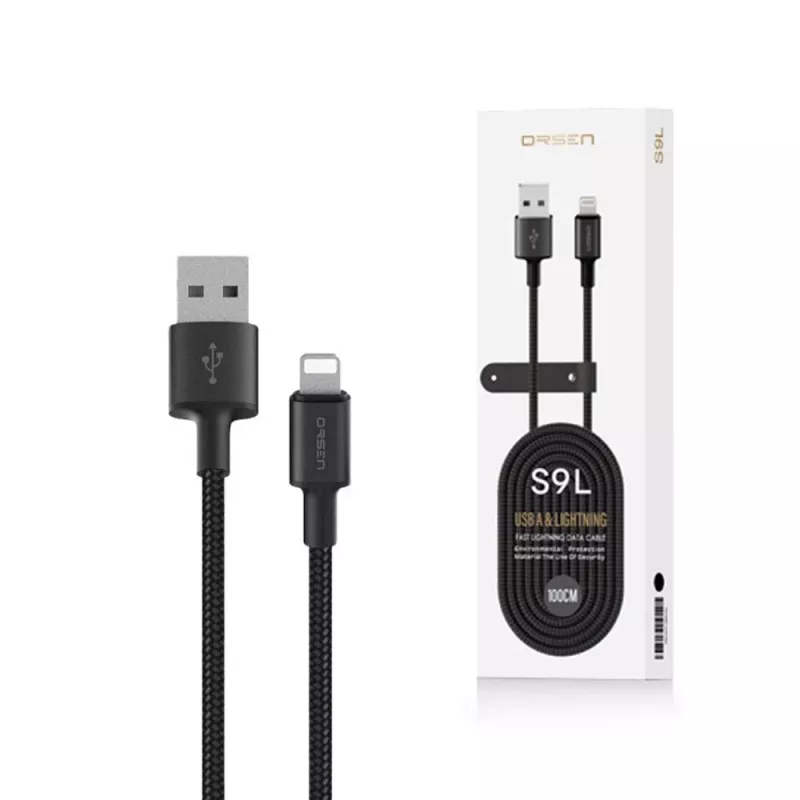 USB-A uz Lightning kabelis Orsen S9L 1 m 2.1A — melns