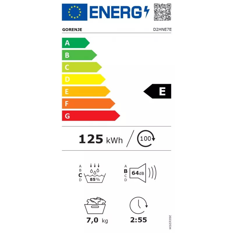 Gorenje veļas žāvētājs | D2HNE7E | Energoefektivitātes klase E | Priekšpuses ielāde | 7 kg | Siltumsūknis | LED | Dziļums 51 cm | Balts