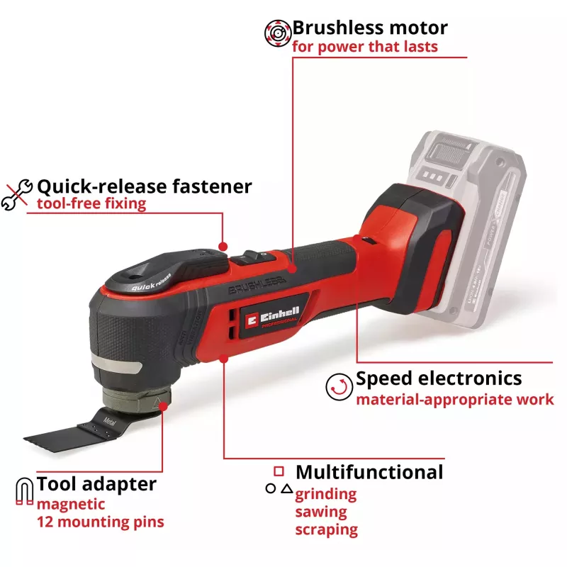 Multi-tool EINHELL TP-MG 18 Li BL Solo — 18V Li‑Ion, slīpēšanai, pulēšanai, zāģēšanai, 1,08 kg, melns/sarkans