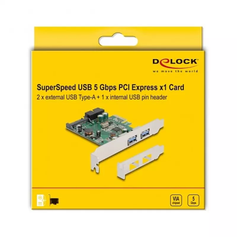 DeLOCK PCI Express x1 karte ar 2 x USB 3.2 Gen 1 Type-A + 1 x iekšējo 19 kontaktu savienotāju