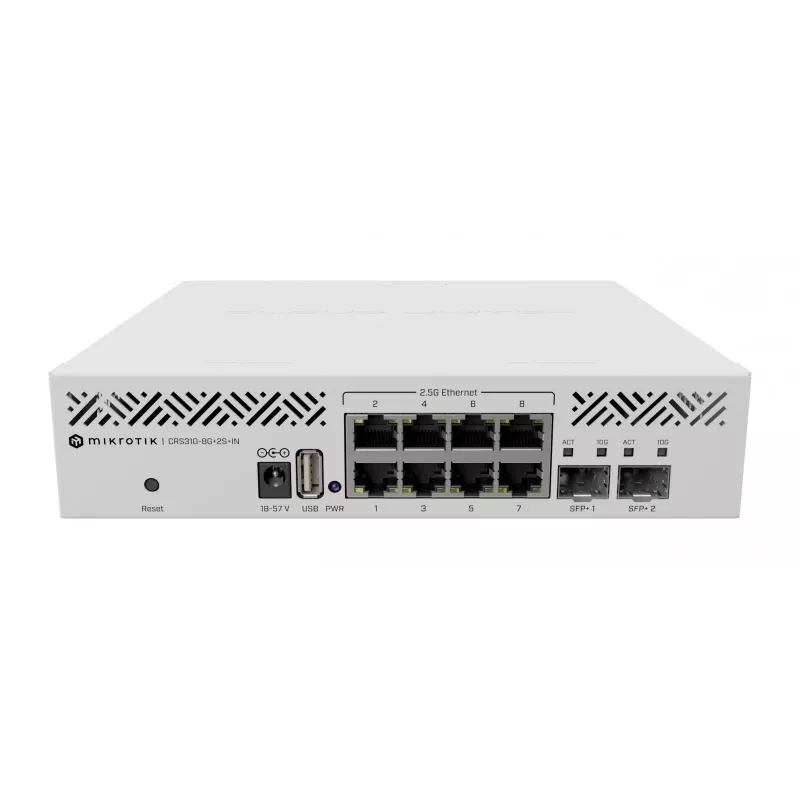 Pārvaldāms L3 slēdzis MikroTik CRS310-8G+2S+IN — 8× 2.5G RJ-45, 2× SFP+, PoE, 1U rack montāža, Balts