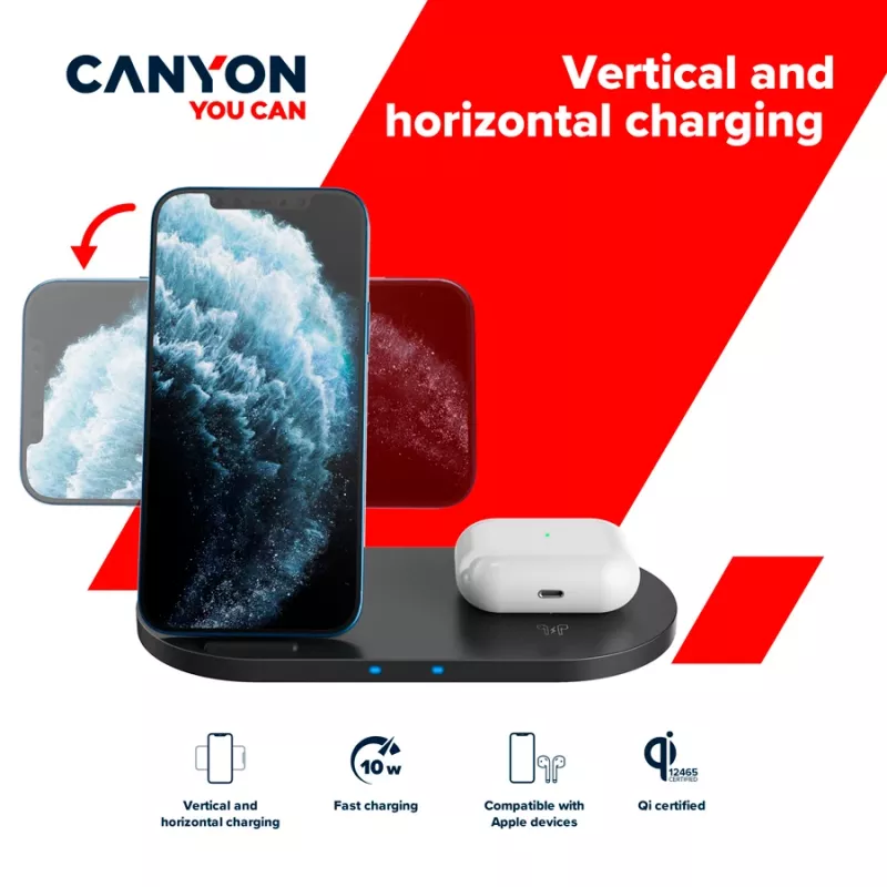 Bezvadu lādētāja dokstacija 2in1 QI 10W/USB-C/LED melna