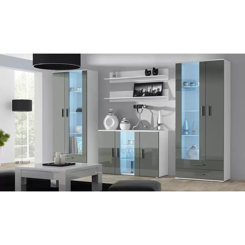 Sānu skapis cama meble SOHO S7, 120 cm, balta/pelēka spīdīga apdare, 3 durvis, 4 plaukti