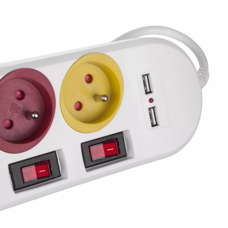Strāvas sadalītājs MACLEAN MCE229W — 4 rozetes, 2× USB, 1,5 m kabelis, F tips, 10 A, balts