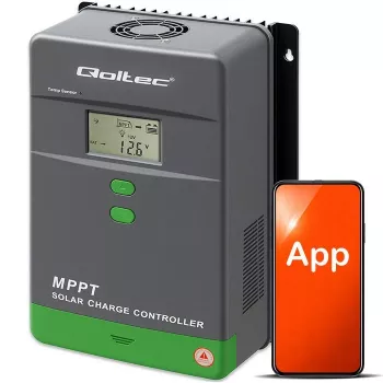 MPPT Saules enerģijas uzlādes kontrolieris QOLTEC 80A ar temperatūras sensoru, 12/24/36/48V, LCD, Bluetooth, APP, GEL/LiFePO4