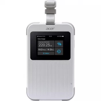 Portatīvais maršrutētājs Acer Connect M6E ar 20 GB, divjoslu (2,4 GHz + 5 GHz vai 2,4 GHz + 6 GHz), Wi‑Fi 6E, 5G, IP68, 2x2 iekšējās antenas, 4 GB operatīvā atmiņa, 2,5 GHz centrālais procesors