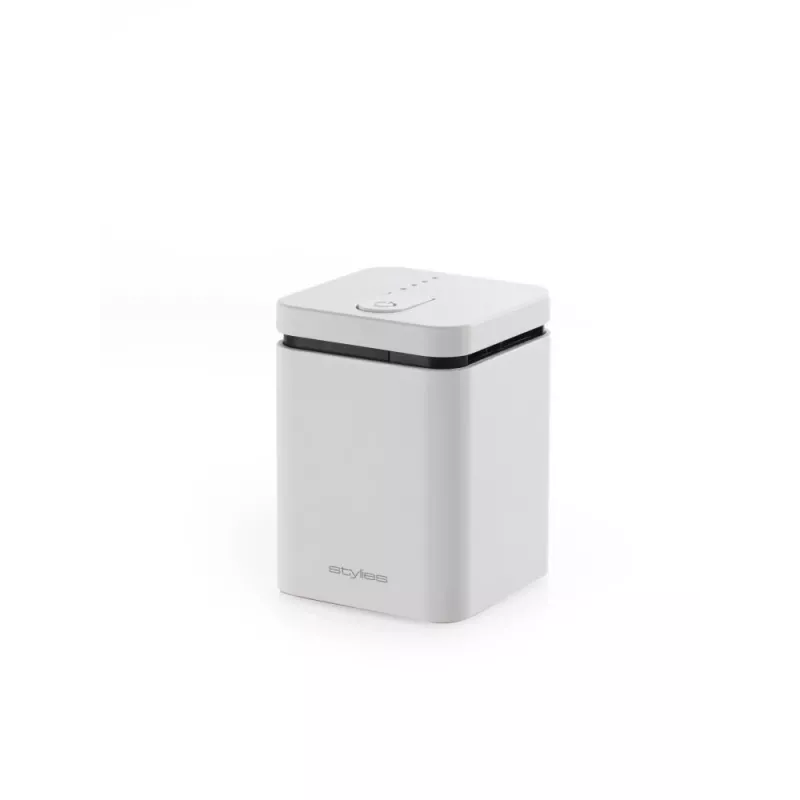 Aromātu difuzors Stylies ELARA/balta — iztvaikojošs, telpām līdz 25 m², 2 h taimeris, maiņstrāva/baterijas/USB, 1,3 W, 74×74×100 mm