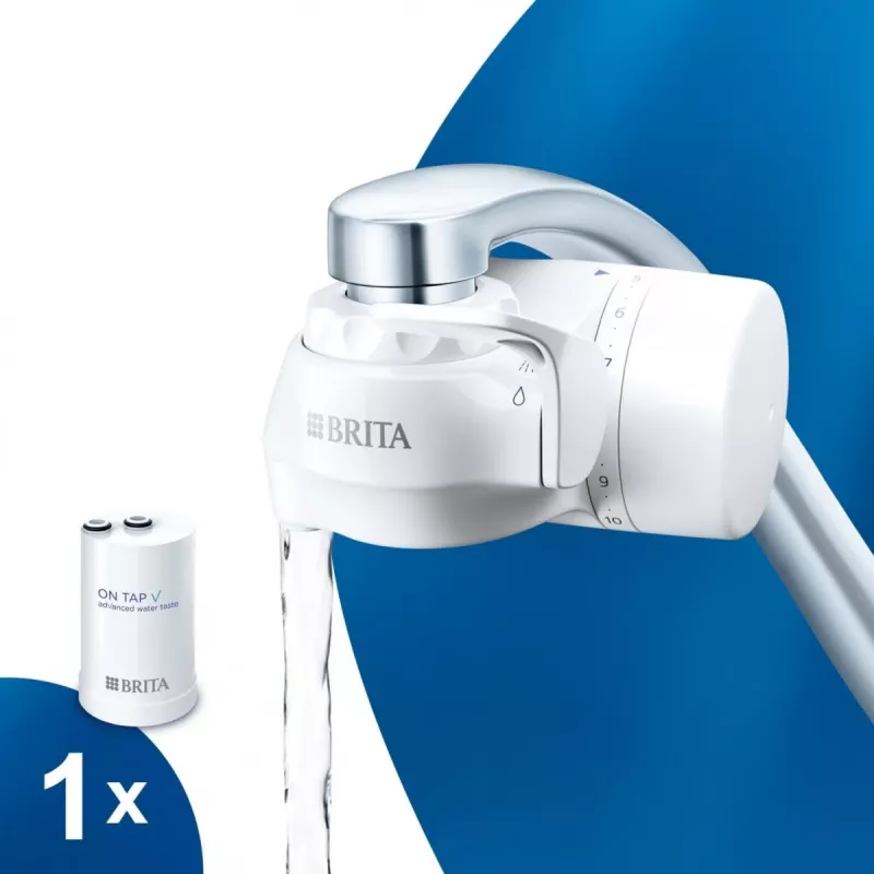BRITA ON TAP V CU CE2 (1052067) krāna ūdens filtrs — 4 pakāpju, 600 L ietilpība, 3 režīmi, 5 adapteri, balts