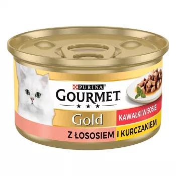 Slapjā kaķu barība Purina Nestlé GOURMET Gold Adult 85 g — Vistas & Laša garša, proteīns 7%, mitrums 82%