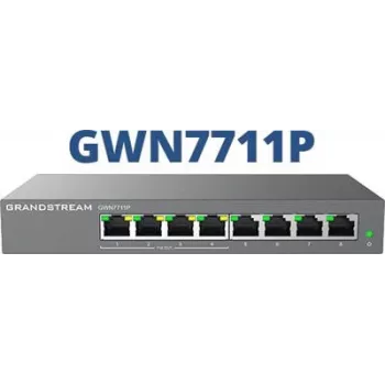 Vadāms L2 Gigabit PoE tīkla slēdzis Grandstream GWN7711P — 8x RJ-45 10/100/1000, 48V DC, Darbvirsmas/Pie sienas stiprināms