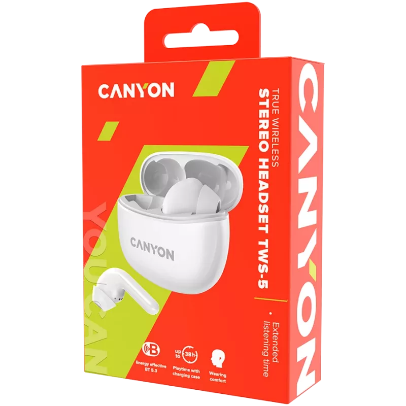 Canyon TWS-5 Bluetooth austiņas ar mikrofonu, BT V5.3 JL 6983D4, frekvenču diapazons: 20Hz-20kHz, akumulators: austiņas 40mAh*2 + uzlādes futrālis 500mAh, Type-C