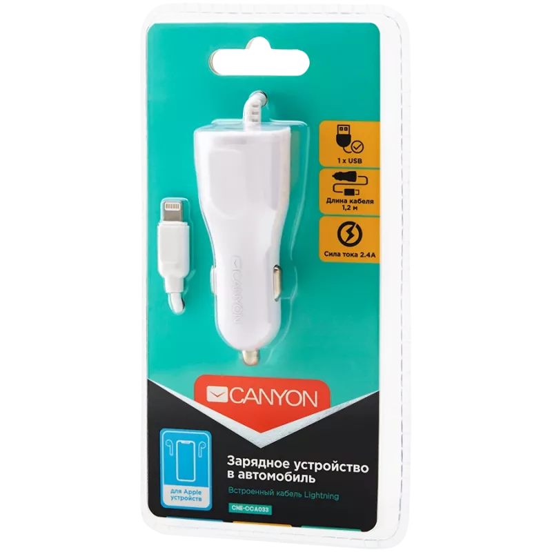 CANYON auto lādētājs C-033 2.4A/USB-A ar iebūvētu Lightning, balts