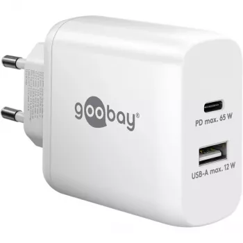 USB-C Dual-Fast lādētājs, PD, GaN, 65 vati (balts, 1x USB-C, 1x USB-A, Power Delivery)