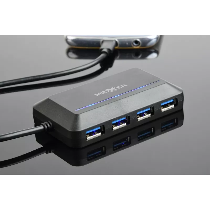 USB centrmezgls GEMBIRD ACT-HUB3C-4P — USB 3.2 Gen 1 Type-A resursdators uz 4 × USB 3.2 Gen 1 Type-C, 5000 Mbit/s, melns