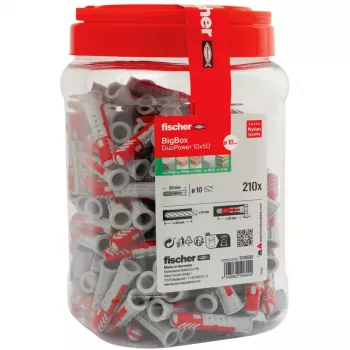 fischer sienas dībelis DUOPOWER 10x50 BigBox gaiši pelēks/sarkans 210 gab., atkārtoti aizverams (570550)