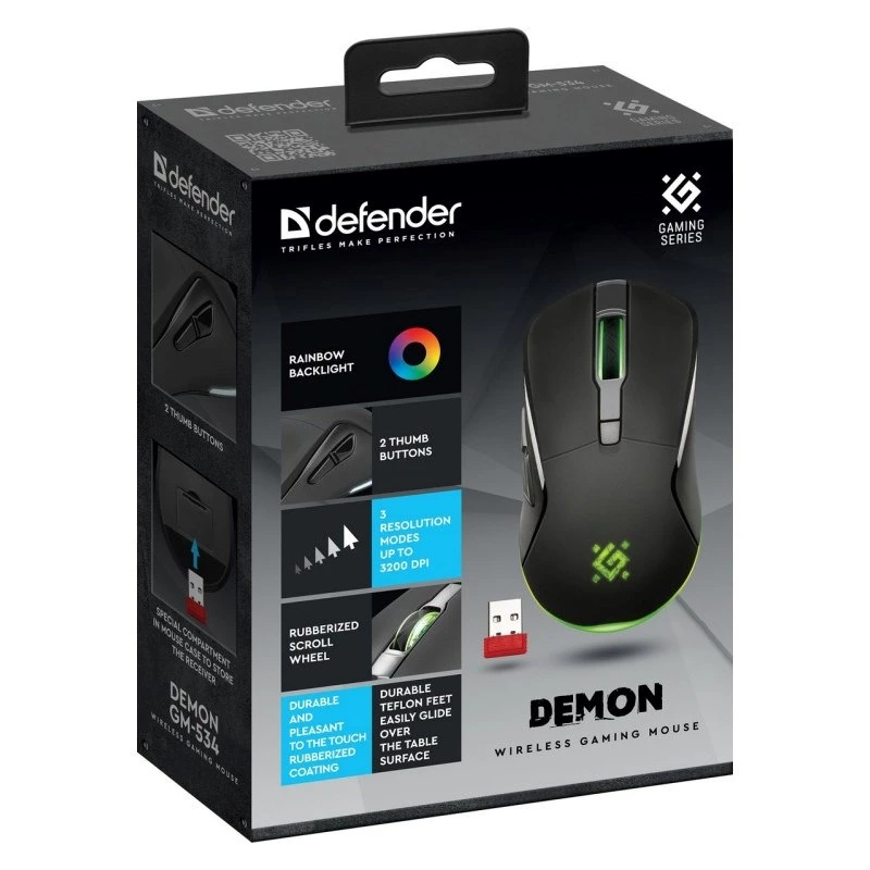 Bezvadu spēļu pele DEFENDER Demon GM-534 RF, piemērota abām rokām, 3200 DPI, 5 pogas, 2,4 GHz USB-A nano uztvērējs