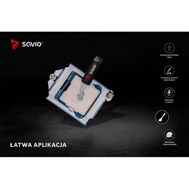 Termopasta SAVIO TG-03 1 g — 13,5 W/m·K, pelēka, komplektā aplikators un lāpstiņa
